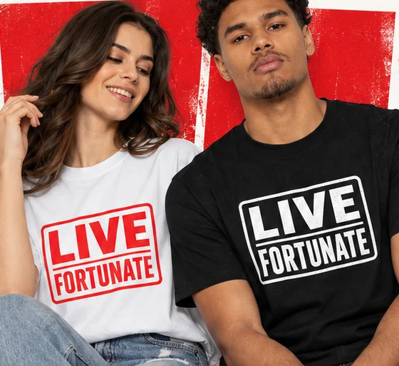 Two people in Live Fortunate box-logo tees