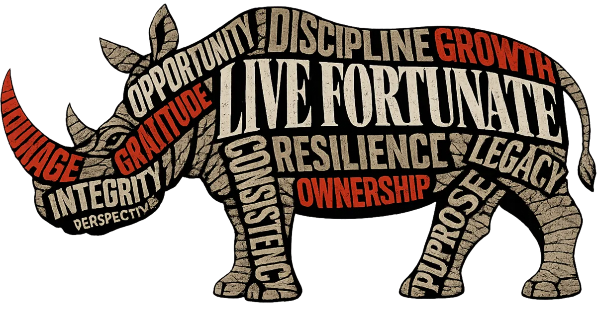 Rhino made of the words opportunity, discipline, growth, gratitude, resilience, legacy, ownership, integrity, purpose